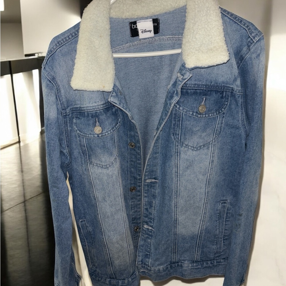 Boohoo Blue and White Jean Jacket with Sherpa Collar